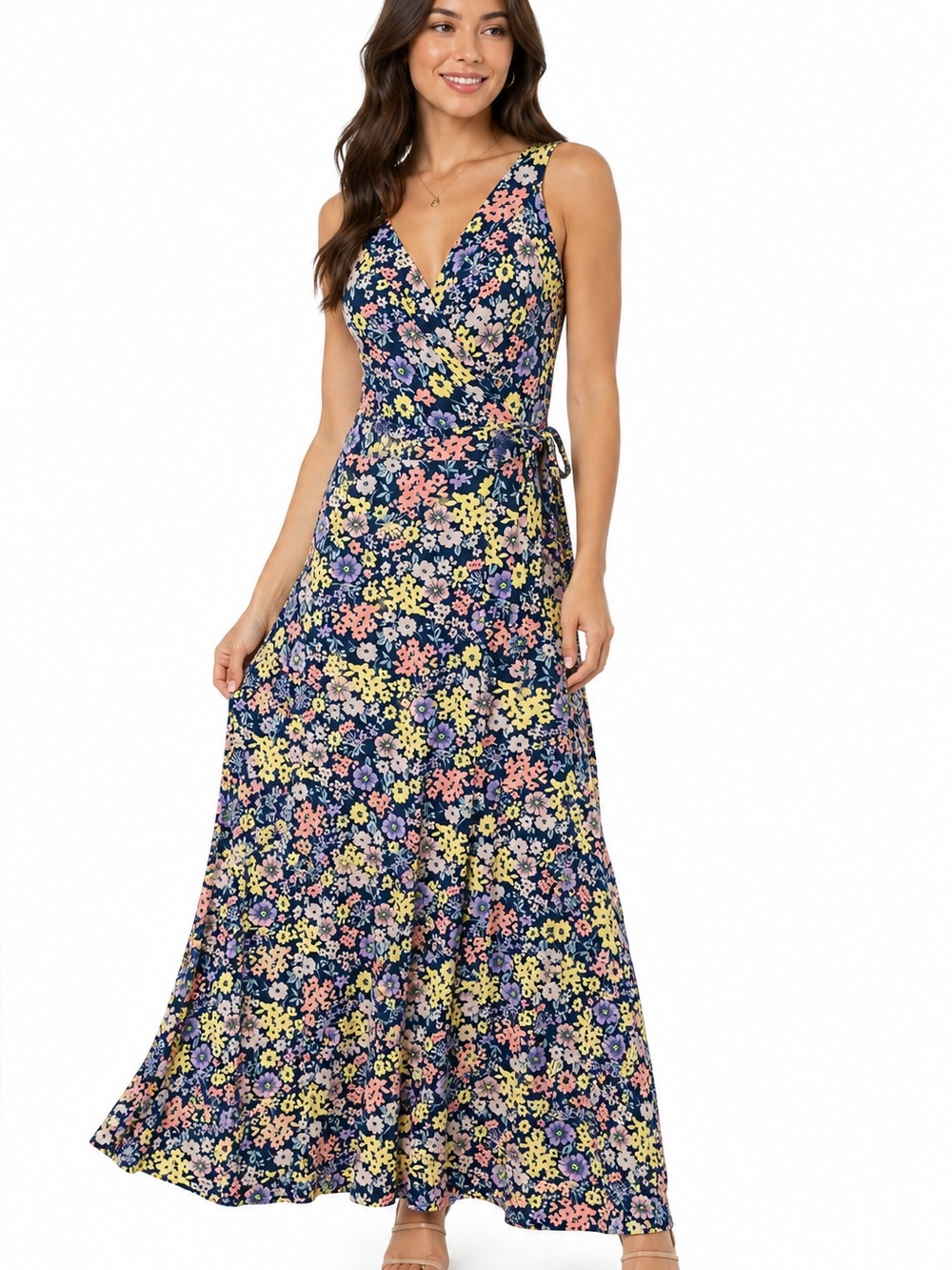 41 Hawthorn Women’s M Navy Floral Faux Wrap Maxi Dress Tie Waist